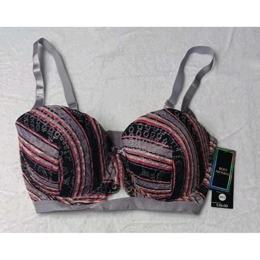 NWT! Body Fosting Lace Overlay Bra Womens Size 38D 2XL Multicolor Stripes...